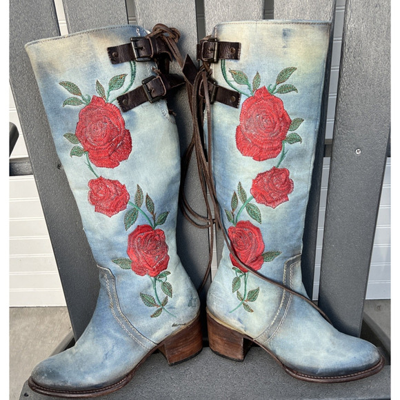 freebird Shoes - Freebird Boots Womens 8 Blue Cyrus Leather Roses Embroidery Knee High Laces Boho